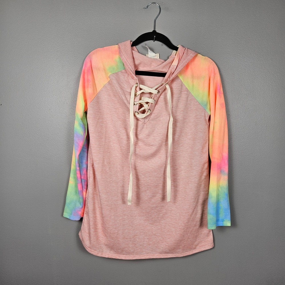 BiBi Womens L Lace Up Hoodie Tie Dye Sleeve Casual Boho‎ Festival Pink Top